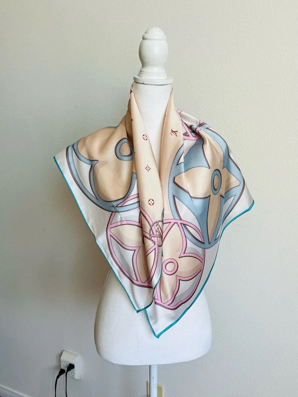100 % silk Cream, Light Blue & Pink Monogram Scarf with Rust Accents 34/34 inche